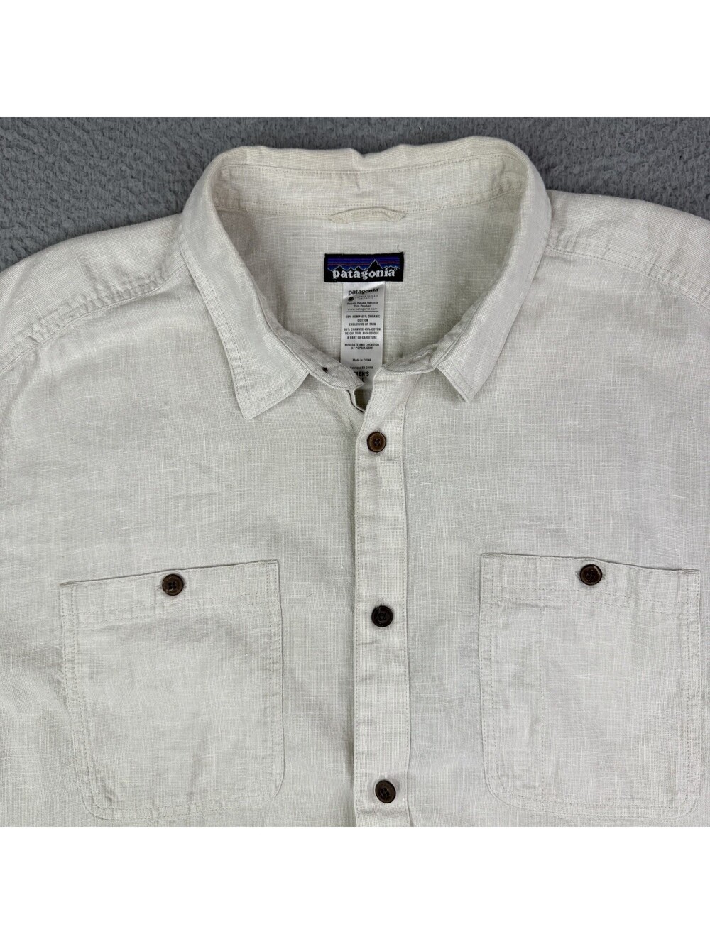Patagonia Mens Hemp Organic Cotton Short Sleeve Button Down Shirt Beige XL